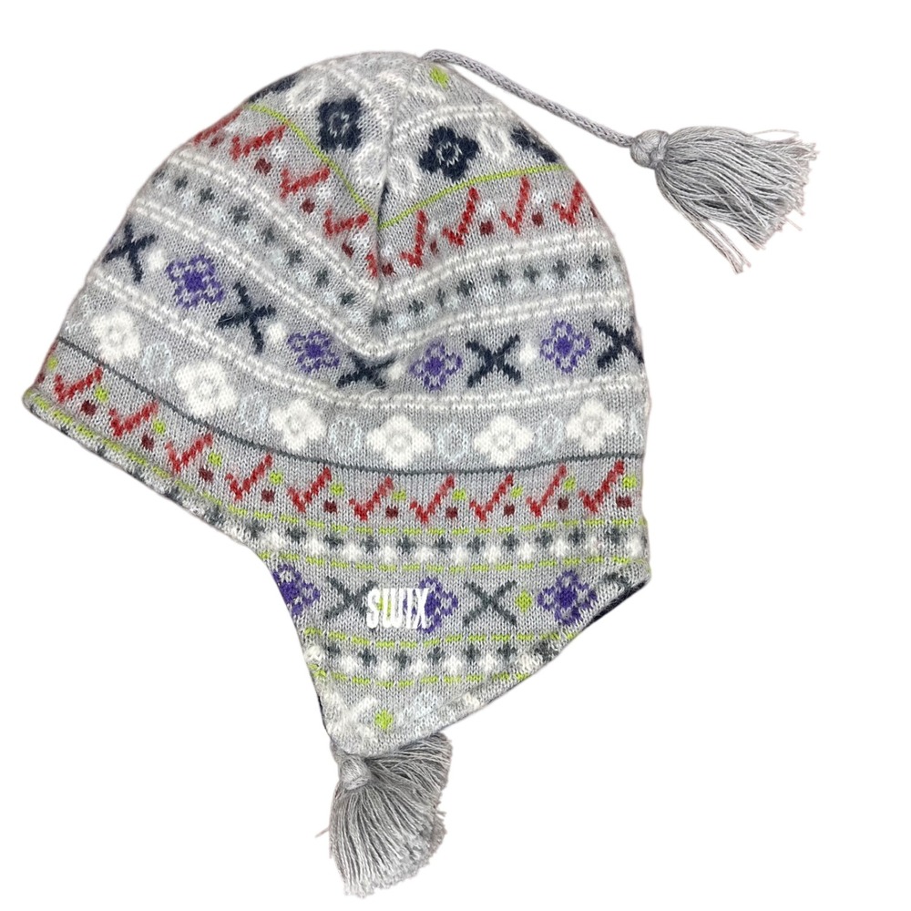 Swix Sport Wool Mohair Blend Fair Isle Earflap Ski Hat Beanie Grey Multi Tassels